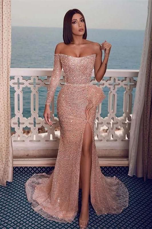 BMbride Sexy Sparkly Champagne Rose One-shoulder Side-slit Mermaid Long Prom Dresses BMbride