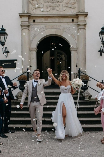 BMbride Sexy Strapless Sleeveless Column Floor-Length Tulle Wedding Dresses with Appliques BMbride