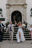BMbride Sexy Strapless Sleeveless Column Floor-Length Tulle Wedding Dresses with Appliques BMbride