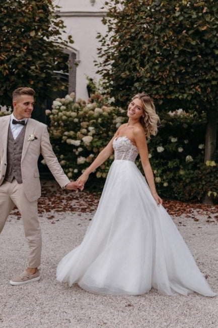 BMbride Sexy Strapless Sleeveless Column Floor-Length Tulle Wedding Dresses with Appliques BMbride