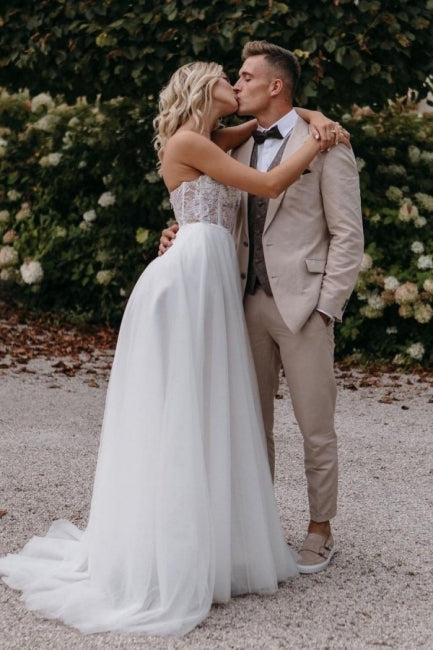 BMbride Sexy Strapless Sleeveless Column Floor-Length Tulle Wedding Dresses with Appliques BMbride