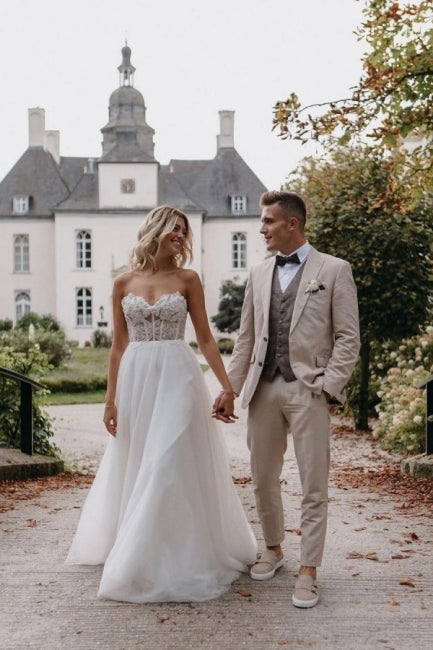 BMbride Sexy Strapless Sleeveless Column Floor-Length Tulle Wedding Dresses with Appliques BMbride