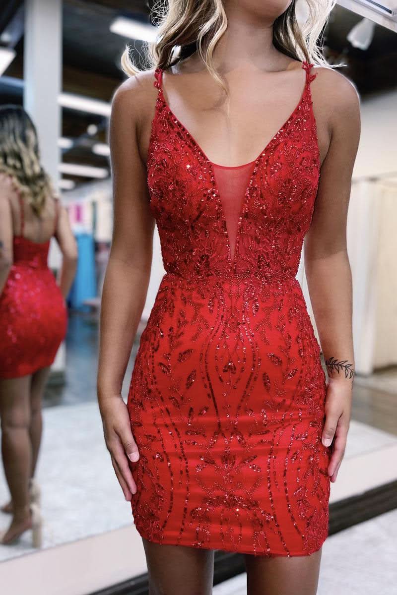 V neck Lace Appliques Short Homecoming Dress Tight Graduation Dress BM bride