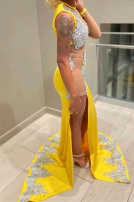 BMbride Sexy Yellow Jewel Floor Length Lace Sleeveless Mermaid Prom Dress With Slit BMbride