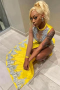 BMbride Sexy Yellow Jewel Floor Length Lace Sleeveless Mermaid Prom Dress With Slit BMbride