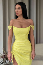 BMbride Sexy Yellow Off-the-shoulder Long Prom Dress With Slit BMbride
