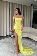 BMbride Sexy Yellow Off-the-shoulder Long Prom Dress With Slit BMbride