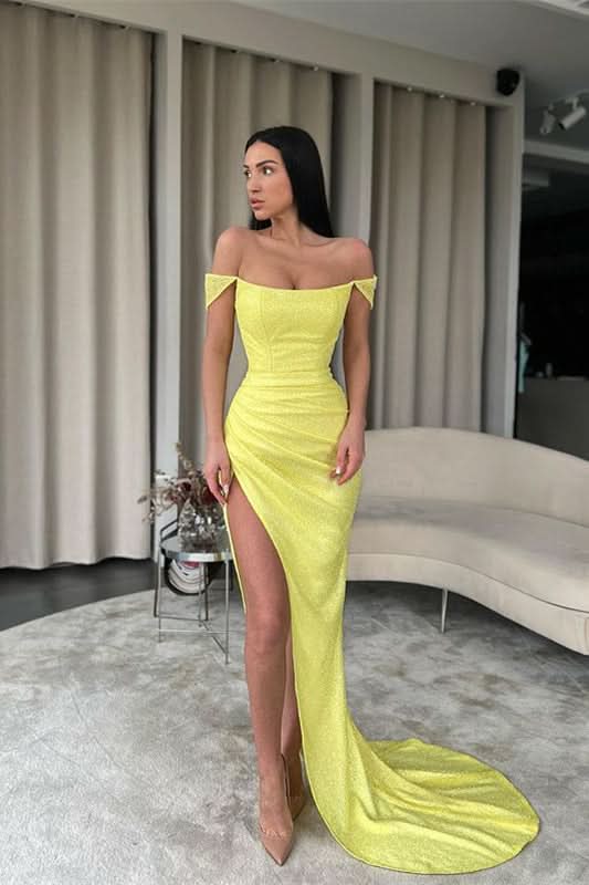 BMbride Sexy Yellow Off-the-shoulder Long Prom Dress With Slit BMbride