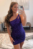 One Shoulder Sheath Purple Sequin Short Homecoming Dress BM bride