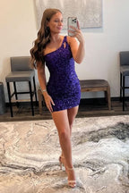One Shoulder Sheath Purple Sequin Short Homecoming Dress BM bride