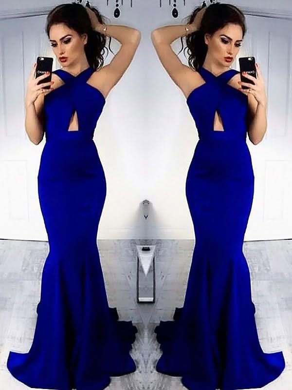 BMbride Sheath Halter Sleeveless With Ruched Satin Prom Dresses BMbride