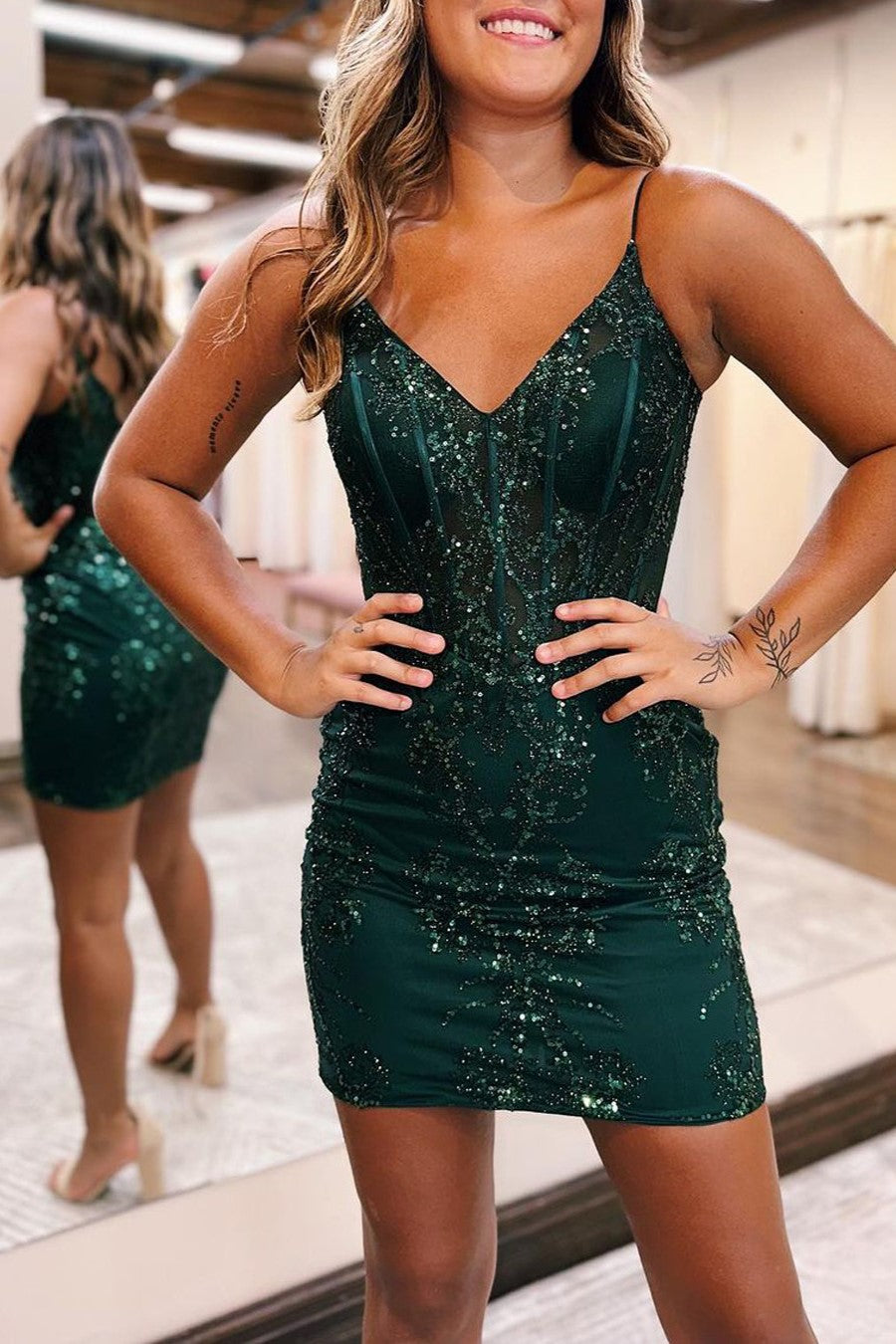 Chic Sheath V-neck Spaghetti Straps Bodice Mini Short Homecoming Dress BM bride