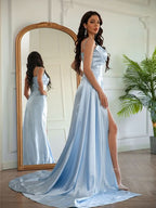 BMbride Sheath/Column Elastic Woven Satin Ruched Spaghetti Straps Sleeveless Prom Dresses BMbride