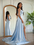 BMbride Sheath/Column Elastic Woven Satin Ruched Spaghetti Straps Sleeveless Prom Dresses BMbride