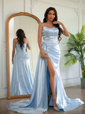 BMbride Sheath/Column Elastic Woven Satin Ruched Spaghetti Straps Sleeveless Prom Dresses BMbride