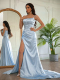 BMbride Sheath/Column Elastic Woven Satin Ruched Spaghetti Straps Sleeveless Prom Dresses BMbride