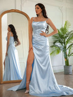 BMbride Sheath/Column Elastic Woven Satin Ruched Spaghetti Straps Sleeveless Prom Dresses BMbride