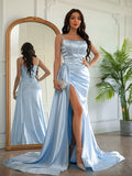 BMbride Sheath/Column Elastic Woven Satin Ruched Spaghetti Straps Sleeveless Prom Dresses BMbride