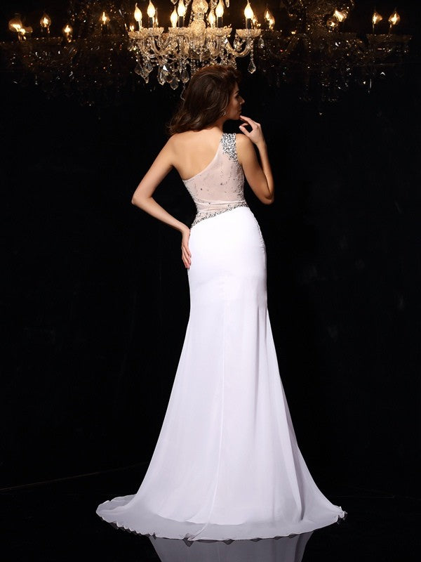 BMbride Sheath/Column One-Shoulder Beading Sleeveless Long Chiffon Prom Dresses BMbride