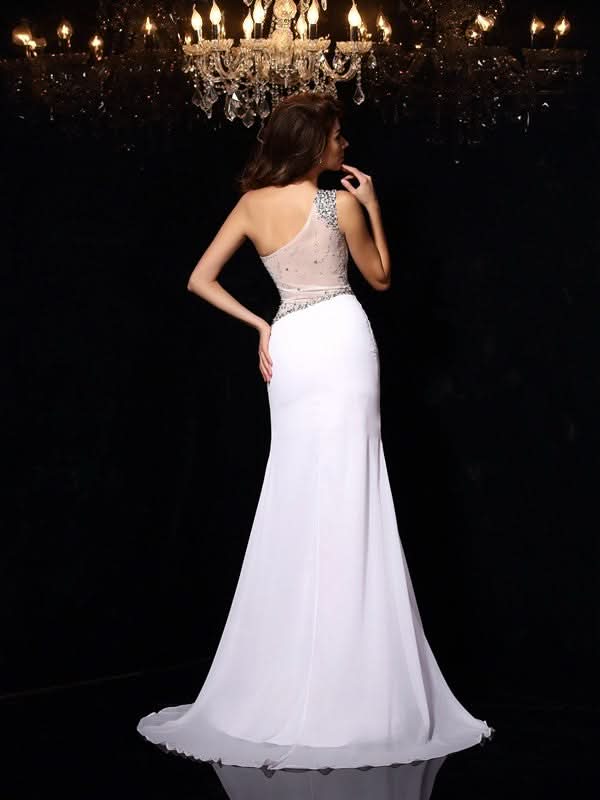 BMbride Sheath/Column One-Shoulder Beading Sleeveless Long Chiffon Prom Dresses BMbride