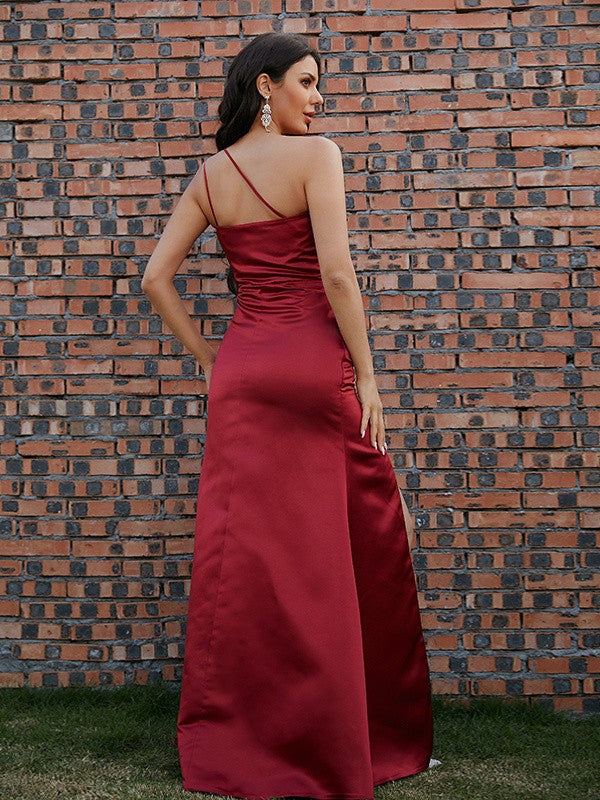 BMbride Sheath/Column Satin Ruched One-Shoulder Sleeveless Floor-Length Prom Dresses BMbride