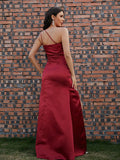 BMbride Sheath/Column Satin Ruched One-Shoulder Sleeveless Floor-Length Prom Dresses BMbride