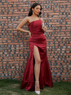 BMbride Sheath/Column Satin Ruched One-Shoulder Sleeveless Floor-Length Prom Dresses BMbride