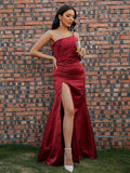 BMbride Sheath/Column Satin Ruched One-Shoulder Sleeveless Floor-Length Prom Dresses BMbride