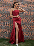 BMbride Sheath/Column Satin Ruched One-Shoulder Sleeveless Floor-Length Prom Dresses BMbride