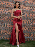 BMbride Sheath/Column Satin Ruched One-Shoulder Sleeveless Floor-Length Prom Dresses BMbride
