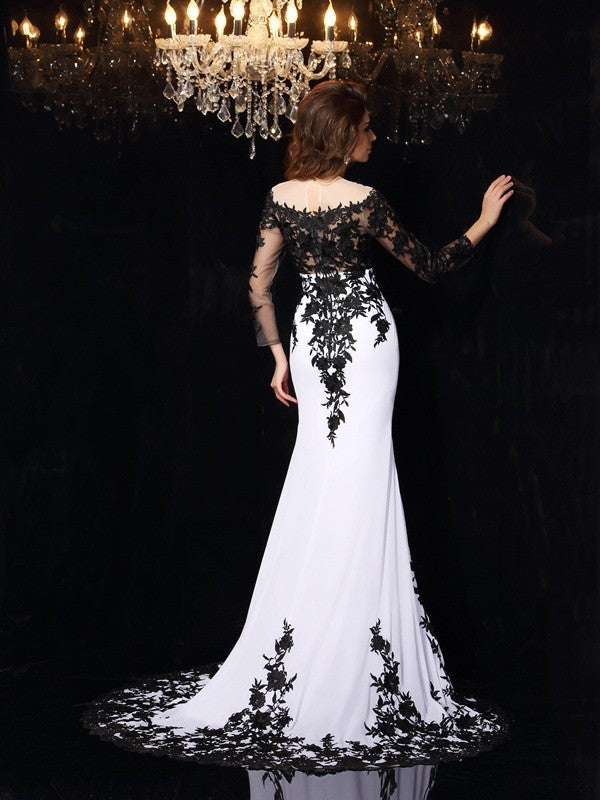 BMbride Sheath/Column Scoop Lace Long Sleeves Long Chiffon Prom Dresses BMbride