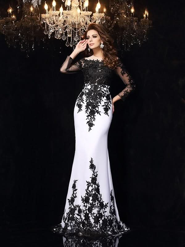 BMbride Sheath/Column Scoop Lace Long Sleeves Long Chiffon Prom Dresses BMbride