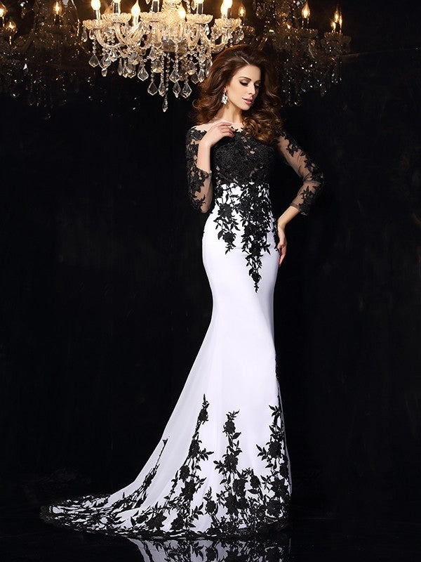 BMbride Sheath/Column Scoop Lace Long Sleeves Long Chiffon Prom Dresses BMbride