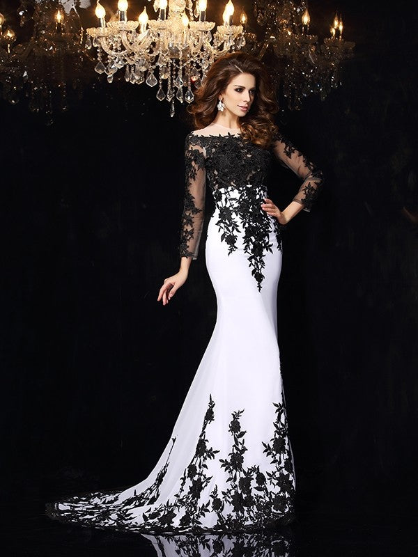 BMbride Sheath/Column Scoop Lace Long Sleeves Long Chiffon Prom Dresses BMbride