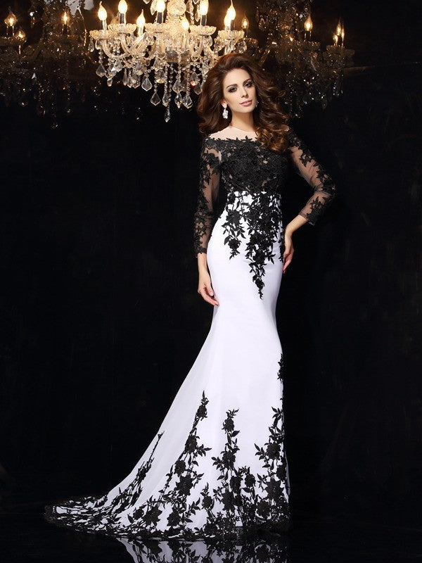 BMbride Sheath/Column Scoop Lace Long Sleeves Long Chiffon Prom Dresses BMbride