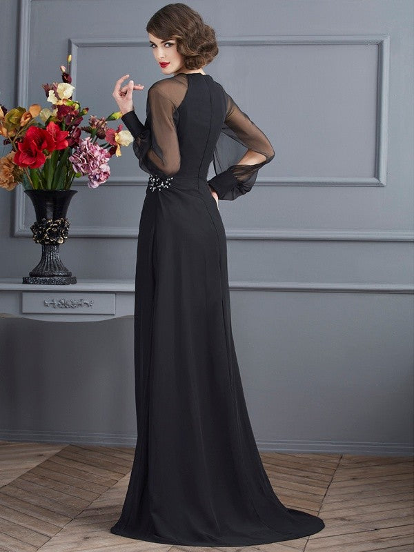 BMbride Sheath/Column Scoop Long Sleeves Beading Long Chiffon Prom Dresses BMbride