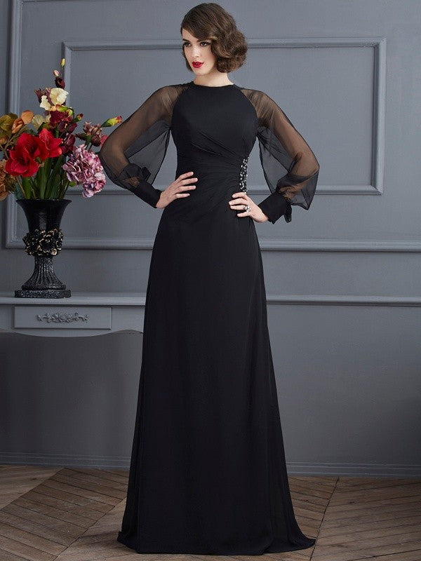 BMbride Sheath/Column Scoop Long Sleeves Beading Long Chiffon Prom Dresses BMbride