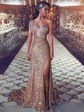 Sheath/Column Sleeveless One-Shoulder Beading Sequined Prom Gowns BM bride