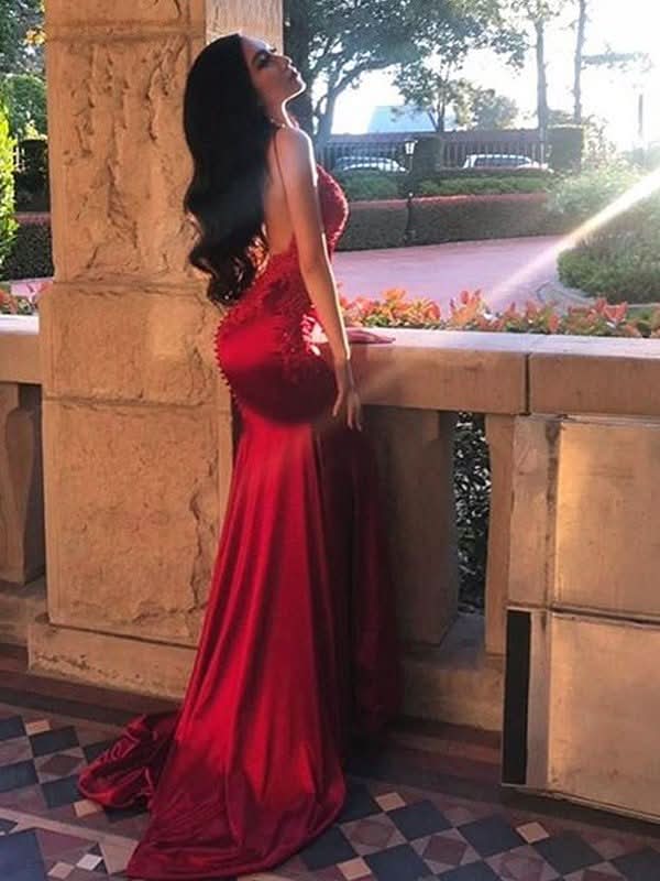 BMbride Sheath/Column Sleeveless Spaghetti Straps Applique Silk like Satin Prom Dresses BMbride