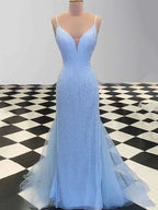 BMbride Sheath/Column Spaghetti Straps Sleeveless Tulle Sequin Prom Dresses BMbride