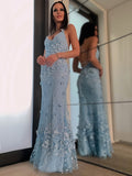 BMbride Sheath/Column Tulle Applique Halter Sleeveless Floor-Length Prom Dresses BMbride