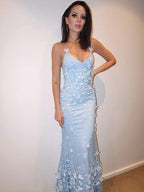 BMbride Sheath/Column Tulle Applique Halter Sleeveless Floor-Length Prom Dresses BMbride