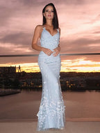 BMbride Sheath/Column Tulle Applique Halter Sleeveless Floor-Length Prom Dresses BMbride