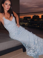 BMbride Sheath/Column Tulle Applique Halter Sleeveless Floor-Length Prom Dresses BMbride