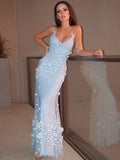 BMbride Sheath/Column Tulle Applique Halter Sleeveless Floor-Length Prom Dresses BMbride