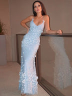 BMbride Sheath/Column Tulle Applique Halter Sleeveless Floor-Length Prom Dresses BMbride