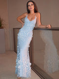 BMbride Sheath/Column Tulle Applique Halter Sleeveless Floor-Length Prom Dresses BMbride