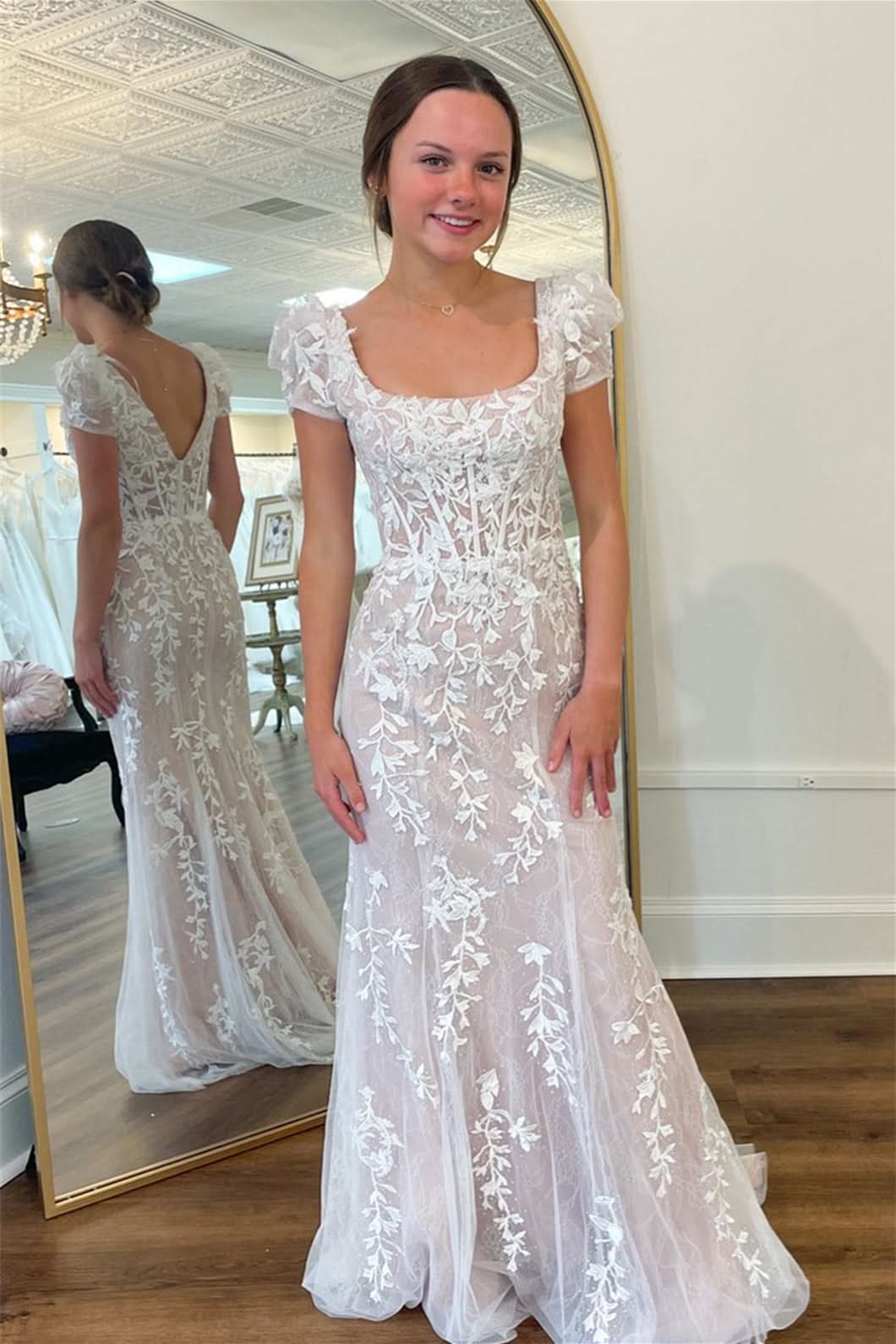 Gorgeous White Appliques Square Neck Puff Sleeves Long Prom Dress BM bride