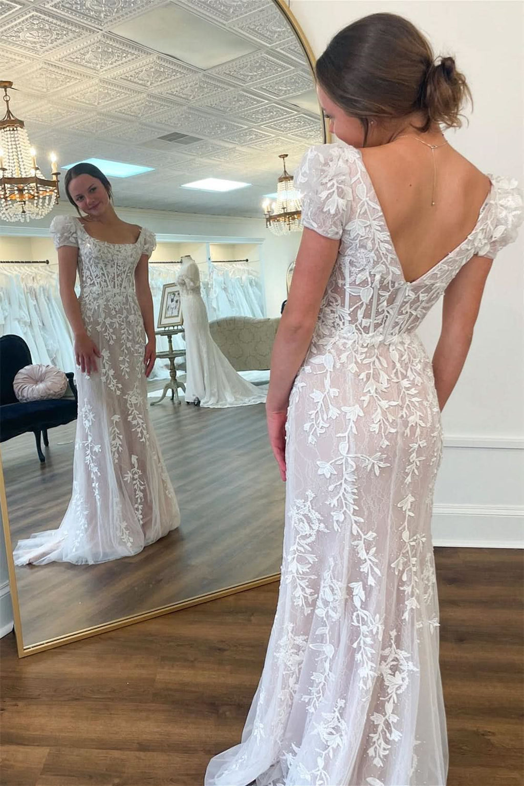 Gorgeous White Appliques Square Neck Puff Sleeves Long Prom Dress BM bride