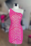 Bold Hot Pink One-Shoulder Sequined Short Dress for a Standout Homecoming BM bride